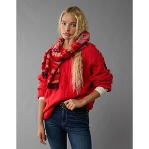 American Eagle Whoa So Soft Cable Knit Sweater Oversized XS Red Cozy Holiday